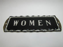 Load image into Gallery viewer, WOMEN Antique Chip Glass Advertising Sign Restroom Bathroom Diner Gas Station Ad Silver Black Design Brass Back Plate
