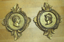 Load image into Gallery viewer, Gladiator Warrior Maiden Bust Old Pair Decorative Arts Brass Plaques High Relief Scrollwork Leafs Detailed
