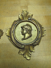 Load image into Gallery viewer, Gladiator Warrior Maiden Bust Old Pair Decorative Arts Brass Plaques High Relief Scrollwork Leafs Detailed
