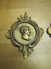 Load image into Gallery viewer, Gladiator Warrior Maiden Bust Old Pair Decorative Arts Brass Plaques High Relief Scrollwork Leafs Detailed
