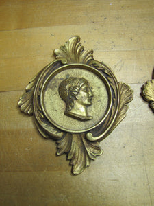 Gladiator Warrior Maiden Bust Old Pair Decorative Arts Brass Plaques High Relief Scrollwork Leafs Detailed