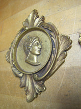 Load image into Gallery viewer, Gladiator Warrior Maiden Bust Old Pair Decorative Arts Brass Plaques High Relief Scrollwork Leafs Detailed
