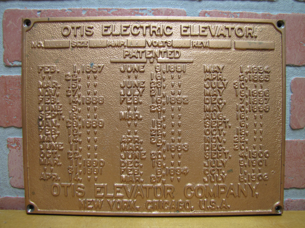 OTIS ELECTRIC ELEVATOR NEW YORK CHICAGO USA Antique Cast Iron Advertising Plaque Sign Patent
