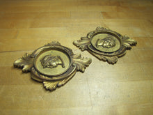 Load image into Gallery viewer, Gladiator Warrior Maiden Bust Old Pair Decorative Arts Brass Plaques High Relief Scrollwork Leafs Detailed

