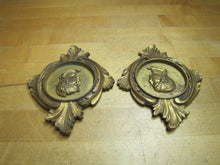 Load image into Gallery viewer, Gladiator Warrior Maiden Bust Old Pair Decorative Arts Brass Plaques High Relief Scrollwork Leafs Detailed

