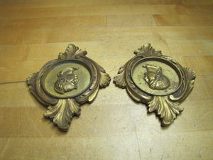 Gladiator Warrior Maiden Bust Old Pair Decorative Arts Brass Plaques High Relief Scrollwork Leafs Detailed