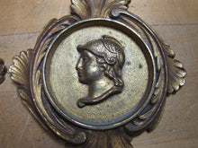 Load image into Gallery viewer, Gladiator Warrior Maiden Bust Old Pair Decorative Arts Brass Plaques High Relief Scrollwork Leafs Detailed
