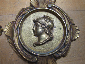 Gladiator Warrior Maiden Bust Old Pair Decorative Arts Brass Plaques High Relief Scrollwork Leafs Detailed