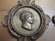Load image into Gallery viewer, Gladiator Warrior Maiden Bust Old Pair Decorative Arts Brass Plaques High Relief Scrollwork Leafs Detailed
