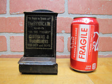 Load image into Gallery viewer, SYNDICATE ON THE SQUARE CLOTHIERS &amp; FURNISHERS FOR MEN and BOYS Antique Advertising Tin Match Holder
