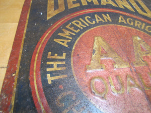AMERICAN AGRICULTURAL FERTILIZERS Orig Old Feed Seed Farm Sign SHANK Co NEW YORK DEMAND AA QUALITY Embossed Tin Advertising Sign