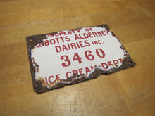 Load image into Gallery viewer, PROPERTY OF ABBOTTS ALDERNEY DAIRIES ICE CREAM DEPT Old Porcelain Sign Patina
