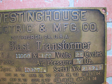 Load image into Gallery viewer, WESTINGHOUSE ELECTRIC &amp; MFG Co AIR BLAST TRANSFORMER Antique Nameplate Sign 3-8-12 1912
