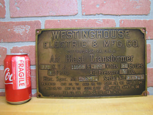 WESTINGHOUSE ELECTRIC & MFG Co AIR BLAST TRANSFORMER Antique Nameplate Sign 3-8-12 1912