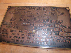 WESTINGHOUSE ELECTRIC & MFG Co AIR BLAST TRANSFORMER Antique Nameplate Sign 3-8-12 1912
