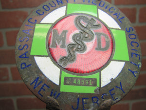 MD PASSAIC COUNTY MEDICAL SOCIETY NEW JERSEY Old Auto Badge Sign Enamel Bronze Medical Doctor