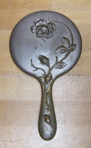 Antique Art Nouveau Bevel Edge Hand Mirror High Relief Floral Flowers Vine Leaves 'Patented'