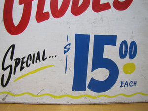 MUSICAL WATER GLOBES Old Store Display Advertising Sign Hand Painted Wooden Ad Special $15 reg $30-60