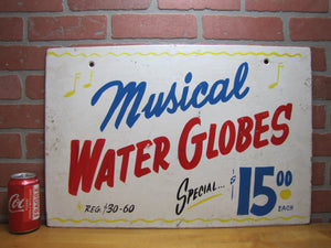 MUSICAL WATER GLOBES Old Store Display Advertising Sign Hand Painted Wooden Ad Special $15 reg $30-60
