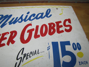 MUSICAL WATER GLOBES Old Store Display Advertising Sign Hand Painted Wooden Ad Special $15 reg $30-60