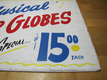 Load image into Gallery viewer, MUSICAL WATER GLOBES Old Store Display Advertising Sign Hand Painted Wooden Ad Special $15 reg $30-60
