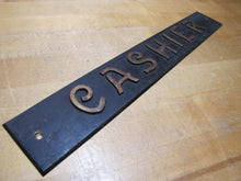 Load image into Gallery viewer, CASHIER Antique Advertising Sign Bronze Embossed Bevel Edge Bank Pawn Shop
