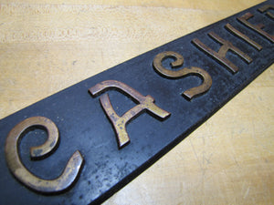 CASHIER Antique Advertising Sign Bronze Embossed Bevel Edge Bank Pawn Shop Gas Station Biz