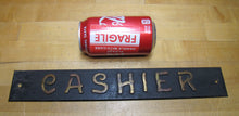 Load image into Gallery viewer, CASHIER Antique Advertising Sign Bronze Embossed Bevel Edge Bank Pawn Shop
