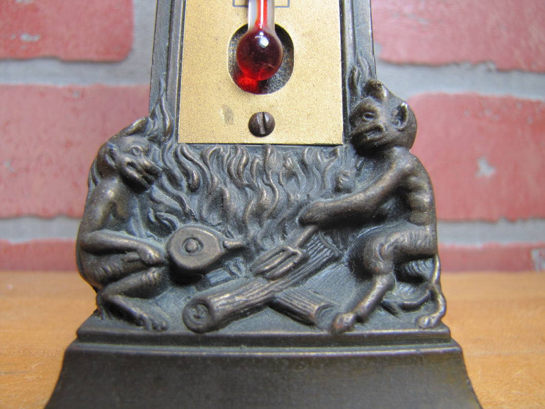 DEVILS BEASTS PITCHFORK FLAMES GENERAL FELT BROOKLYN NY Old Advertising Thermometer Ad Sign Snow Miser Figural Therm