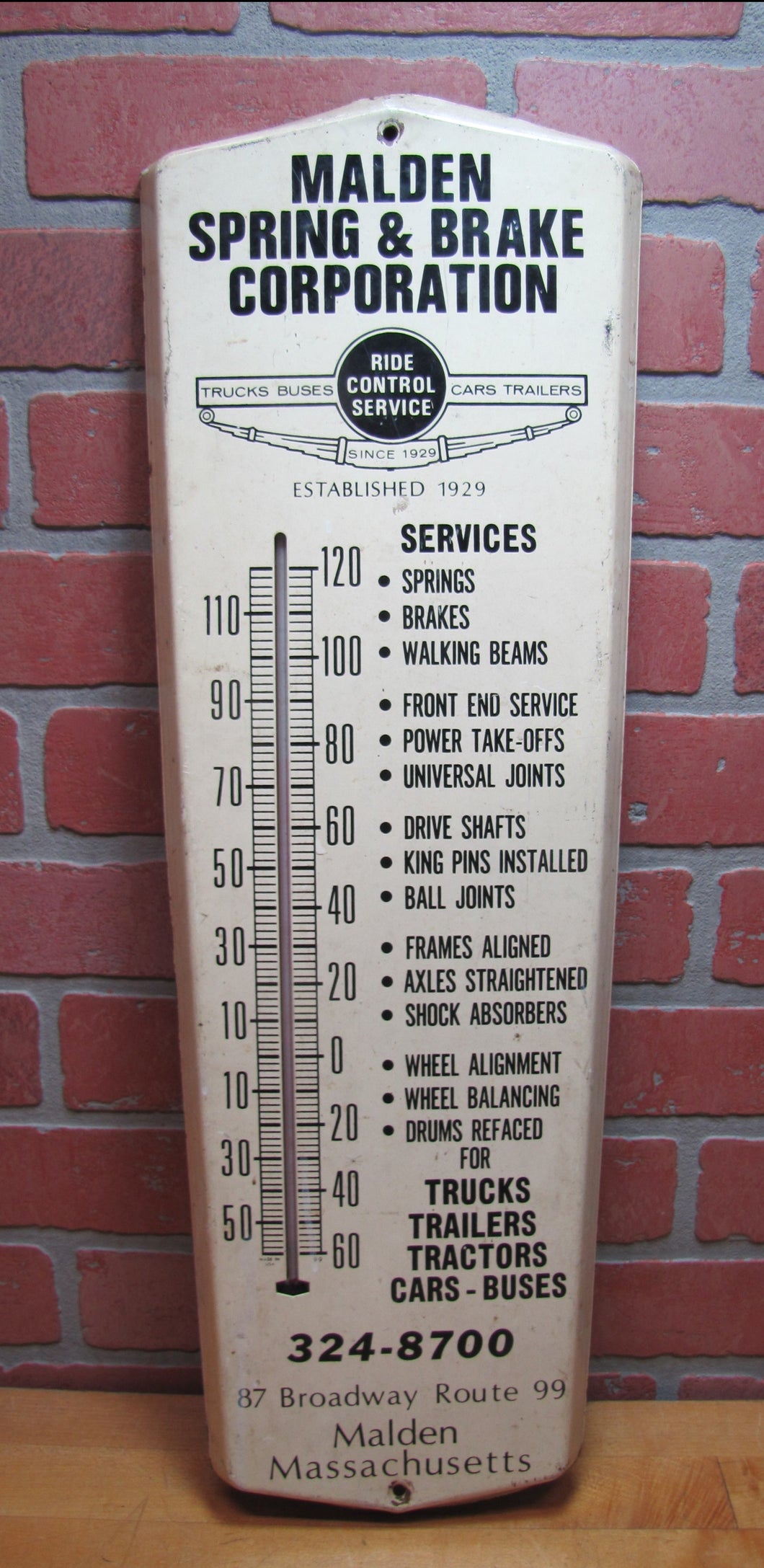 MALDEN SPRING & BRAKE est1929 Old Advertising Thermometer Mass TRUCKS BUSES CARS TRAILERS Made in USA
