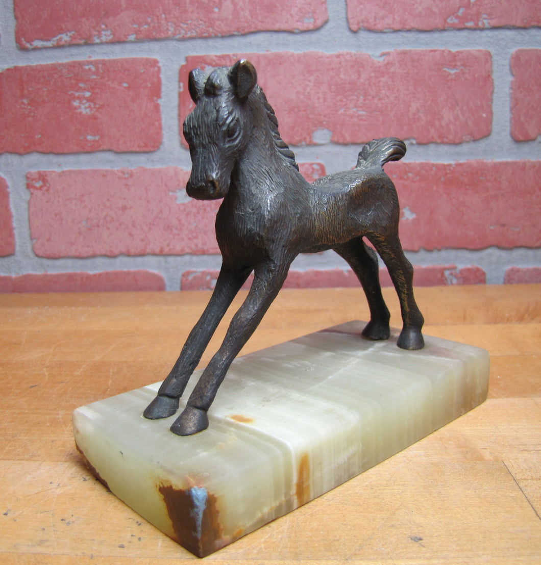 Old Brass Bronze Horse on Marble Stone Base Statue Stylized Figural Decorative Arts Pony