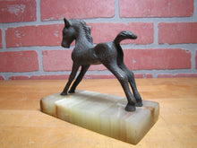 Load image into Gallery viewer, Old Brass Bronze Horse on Marble Stone Base Statue Stylized Figural Decorative Arts Pony
