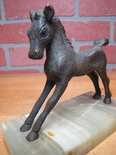 Load image into Gallery viewer, Old Brass Bronze Horse on Marble Stone Base Statue Stylized Figural Decorative Arts Pony
