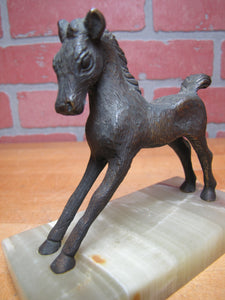 Old Brass Bronze Horse on Marble Stone Base Statue Stylized Figural Decorative Arts Pony