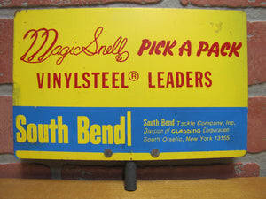 MAGIC SNELL VINYLSTEEL LEADERS Vintage Double Sided Fishing Advertising Sign SOUTH BEND TACKLE Co Store Display Rack Topper