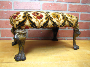 Antique Lions Head Cast Iron Foot Stool Rest Stand Small Bench Step Fabric Top