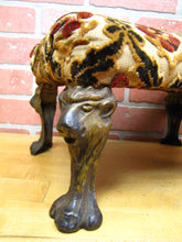 Load image into Gallery viewer, Antique Lions Head Cast Iron Foot Stool Rest Stand Small Bench Step Fabric Top
