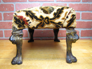 Antique Lions Head Cast Iron Foot Stool Rest Stand Small Bench Step Fabric Top
