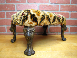 Antique Lions Head Cast Iron Foot Stool Rest Stand Small Bench Step Fabric Top