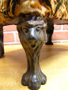 Antique Lions Head Cast Iron Foot Stool Rest Stand Small Bench Step Fabric Top