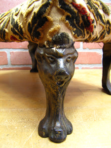 Antique Lions Head Cast Iron Foot Stool Rest Stand Small Bench Step Fabric Top