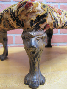 Antique Lions Head Cast Iron Foot Stool Rest Stand Small Bench Step Fabric Top