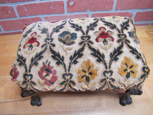 Antique Lions Head Cast Iron Foot Stool Rest Stand Small Bench Step Fabric Top