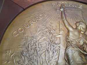 COURAGE PATRIE MORALITE F BARBEDIENNE Antique French Gymnastics Bronze Plaque A PHEE DUBOIS D'ARRES H CHAPU L'UNION DES SOCIETES DE GYMNASTIQUE DE FRANCE a son Membre d'honneur M. LE SENATEUR RENE BESNARD