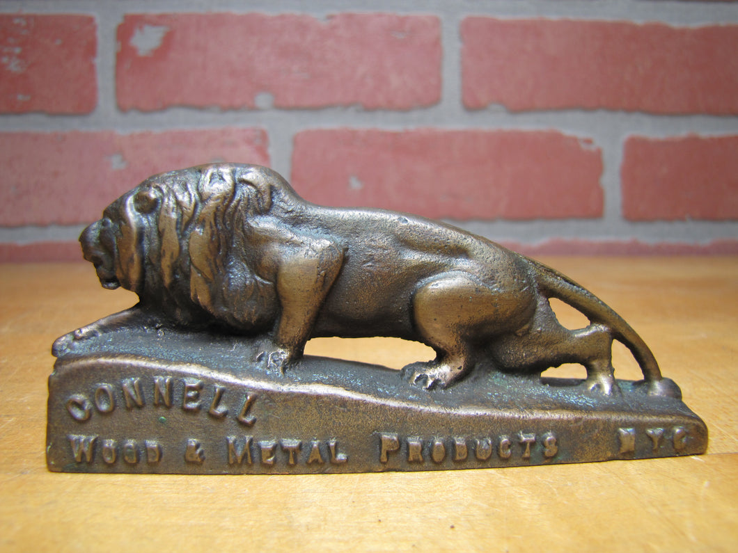 CONNELL WOOD & METAL PRODUCTS NYC LION Antique Brass Advertising Paperweight