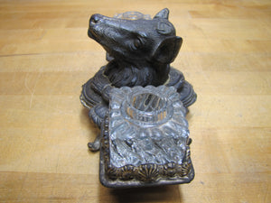 Antique Cow Bull Double Inkwell Figural Farm Animal Head Glass Inserts Ornate Detailing