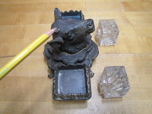 Antique Cow Bull Double Inkwell Figural Farm Animal Head Glass Inserts Ornate Detailing