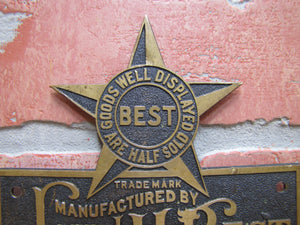 JOHN H BEST GALVA ILL Antique Brass Nameplate Plaque Sign Goods Well Displayed Are Half Sold pat 1906