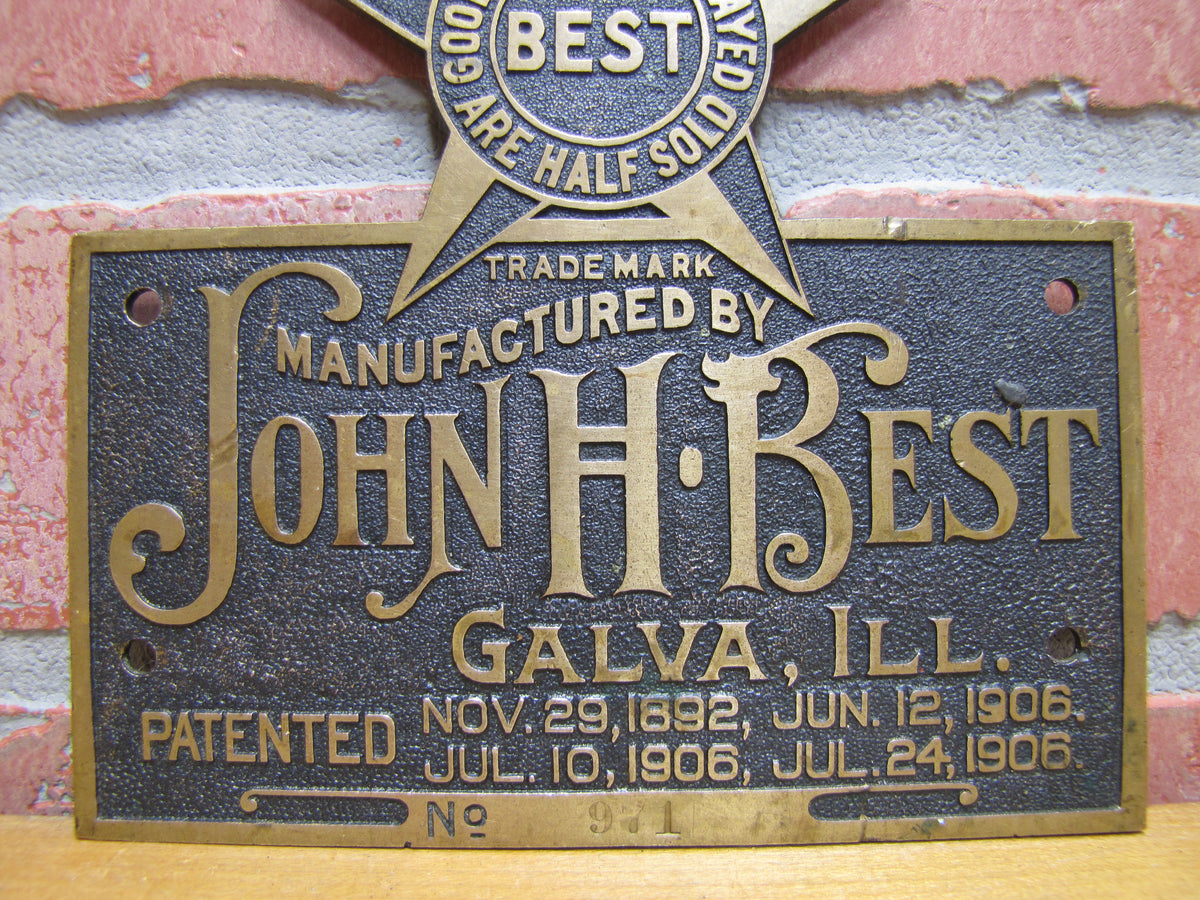 JOHN H BEST GALVA ILL Antique Brass Nameplate Plaque Sign Goods Well D