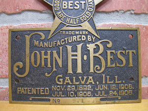 JOHN H BEST GALVA ILL Antique Brass Nameplate Plaque Sign Goods Well Displayed Are Half Sold pat 1906